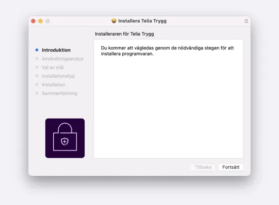 Telia Trygg för Mac där information om att du kommer vägledas i installationen och en knapp med texten "fortsätt".