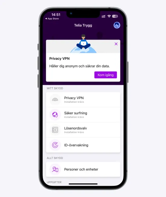 I Telia Trygg-appen visas nu information om att Telia Trygg vill lägga till Privacy VPN-konfigurationer och en lila knapp "Kom igång".
