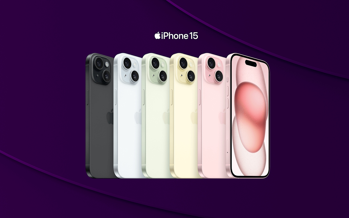 iPhone 15 på rad bredvid varandra i alla dess färger.