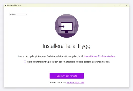 Telia Trygg för Windows med information om att för att Installera Telia Trygg och en lila knapp "Godkänn och fortsätt".