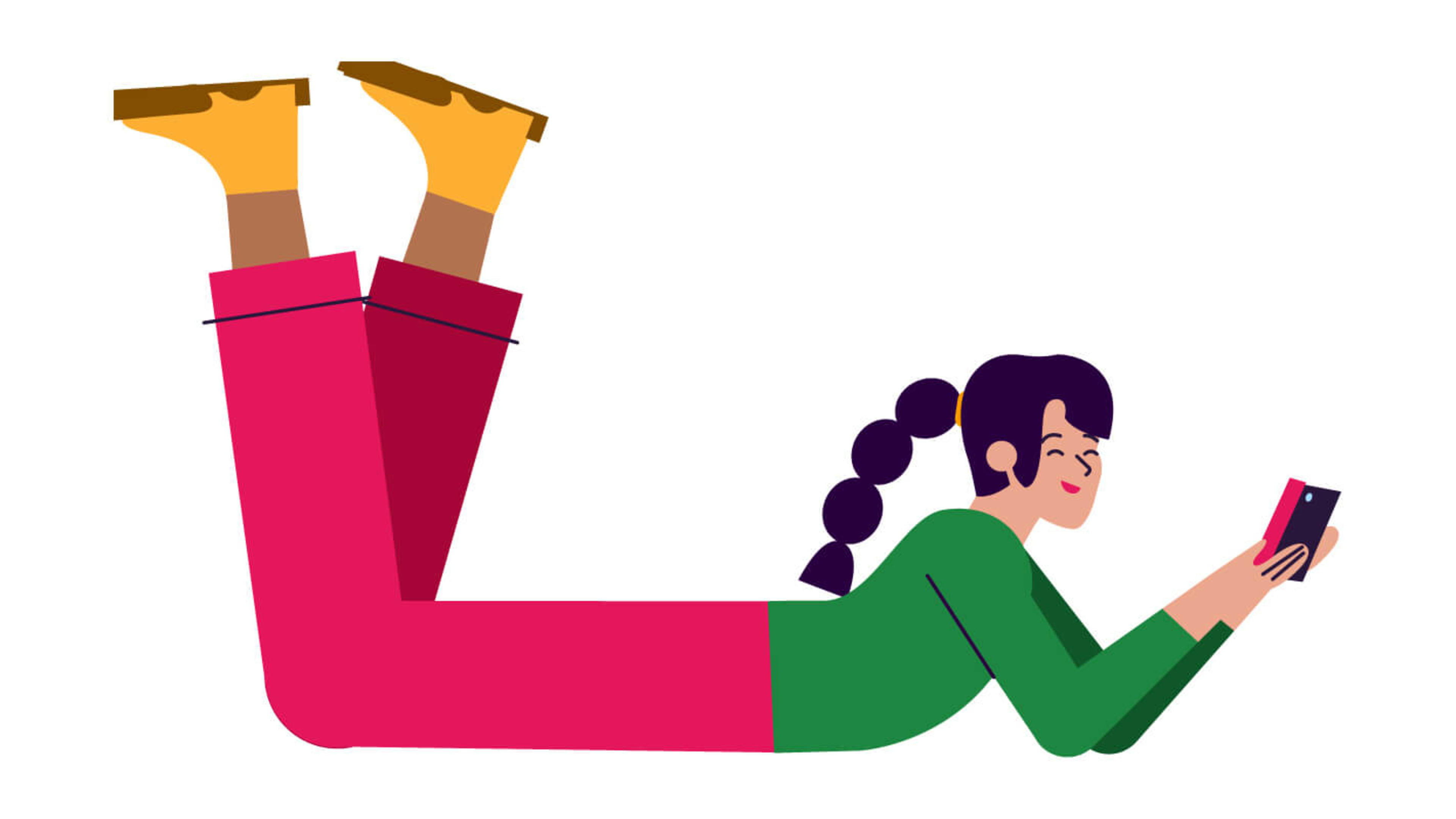 Illunstration av en liggande kvinna med mobiltelefon.