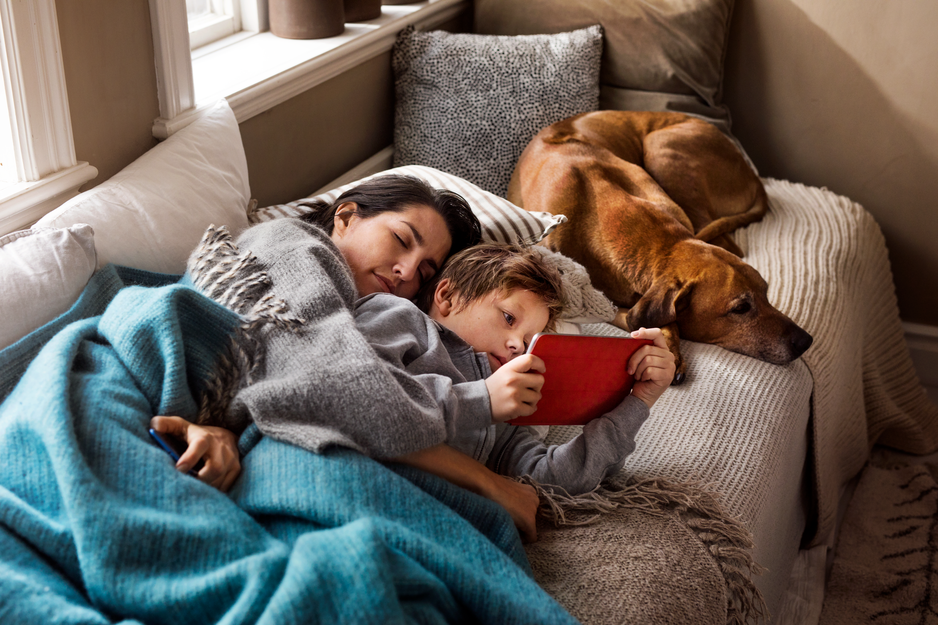Mor, son och hund ligger i en soffa. Sonen tittar på en surfplatta medan mor och hunden sover. En mjuk filt täcker mor och son, och ljuset från fönstret bakom dem skapar en varm stämning.