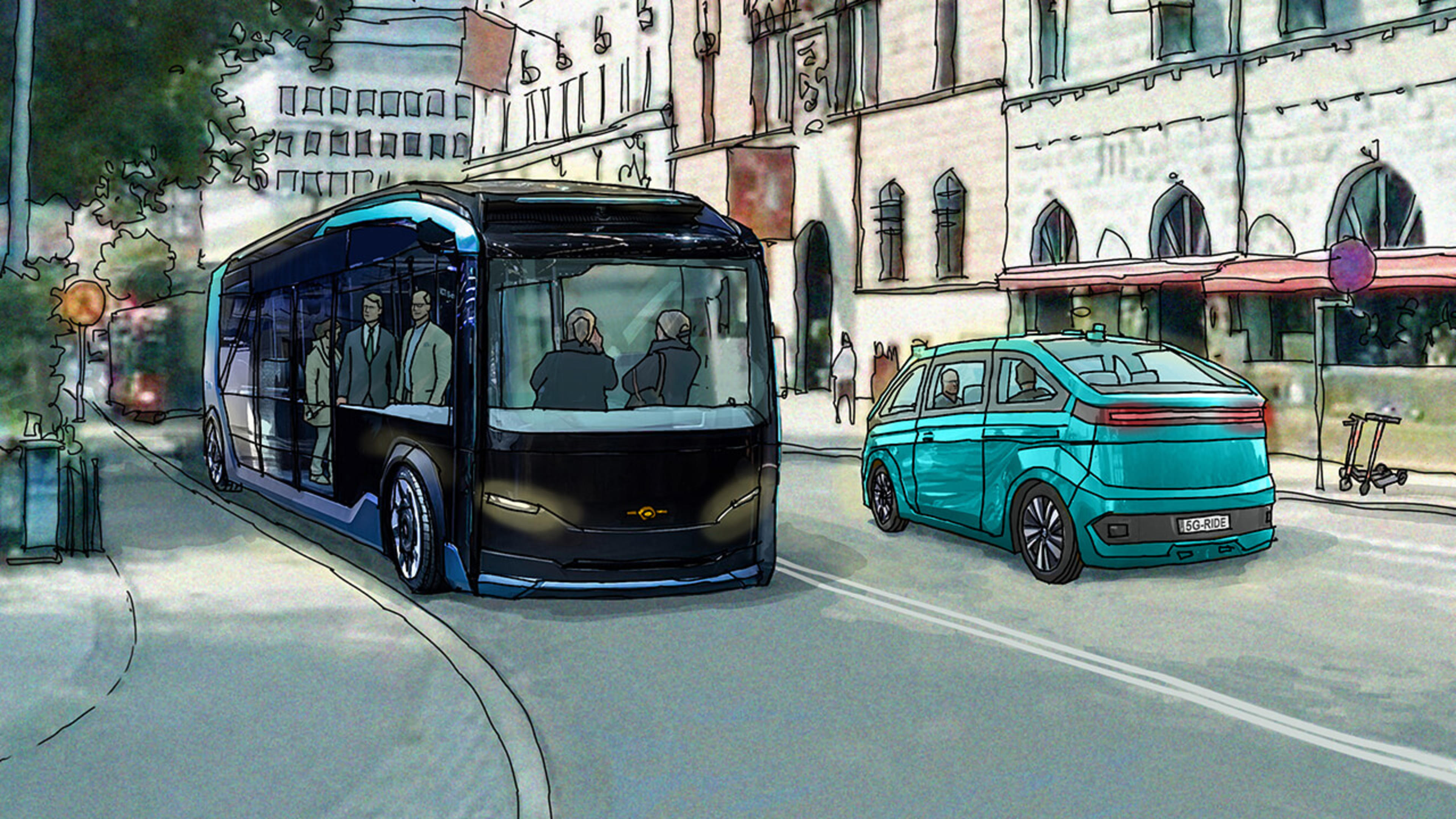 Illustration av självkörande buss i stadstrafik