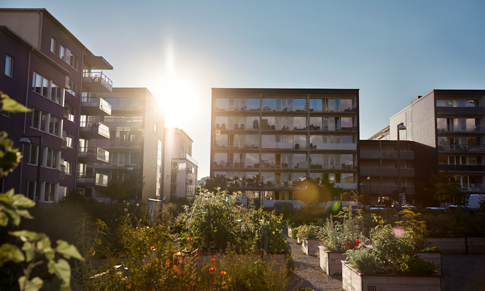 Husfasader där solen skiner i ett gap mellan två byggnader.