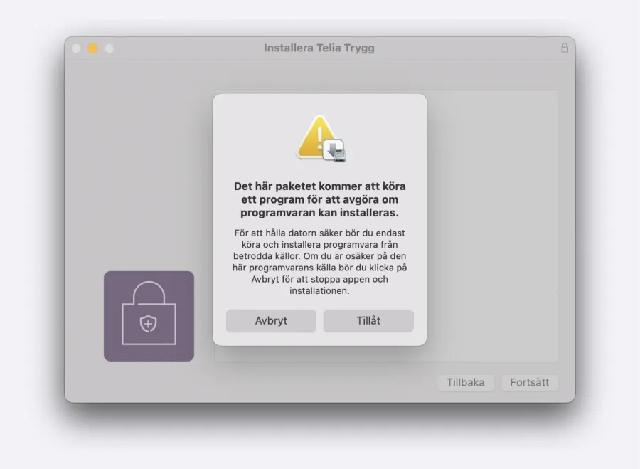 Telia Trygg för Mac med information om att tillåta program att köra, där det visas två knappar "avbryt" eller "tillåt".