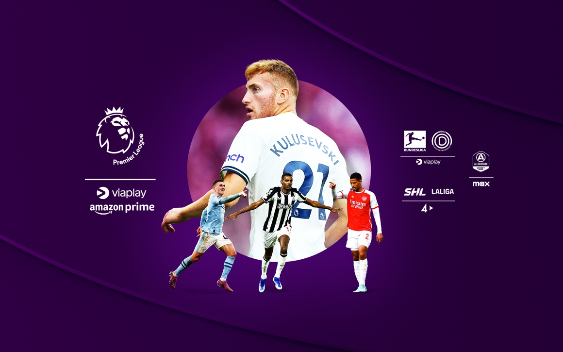 Collage för Premier League säsongen 2024/2025 - med Telia följer du alla matcher i ligan som delas mellan Viaplay och Amazon Prime.
