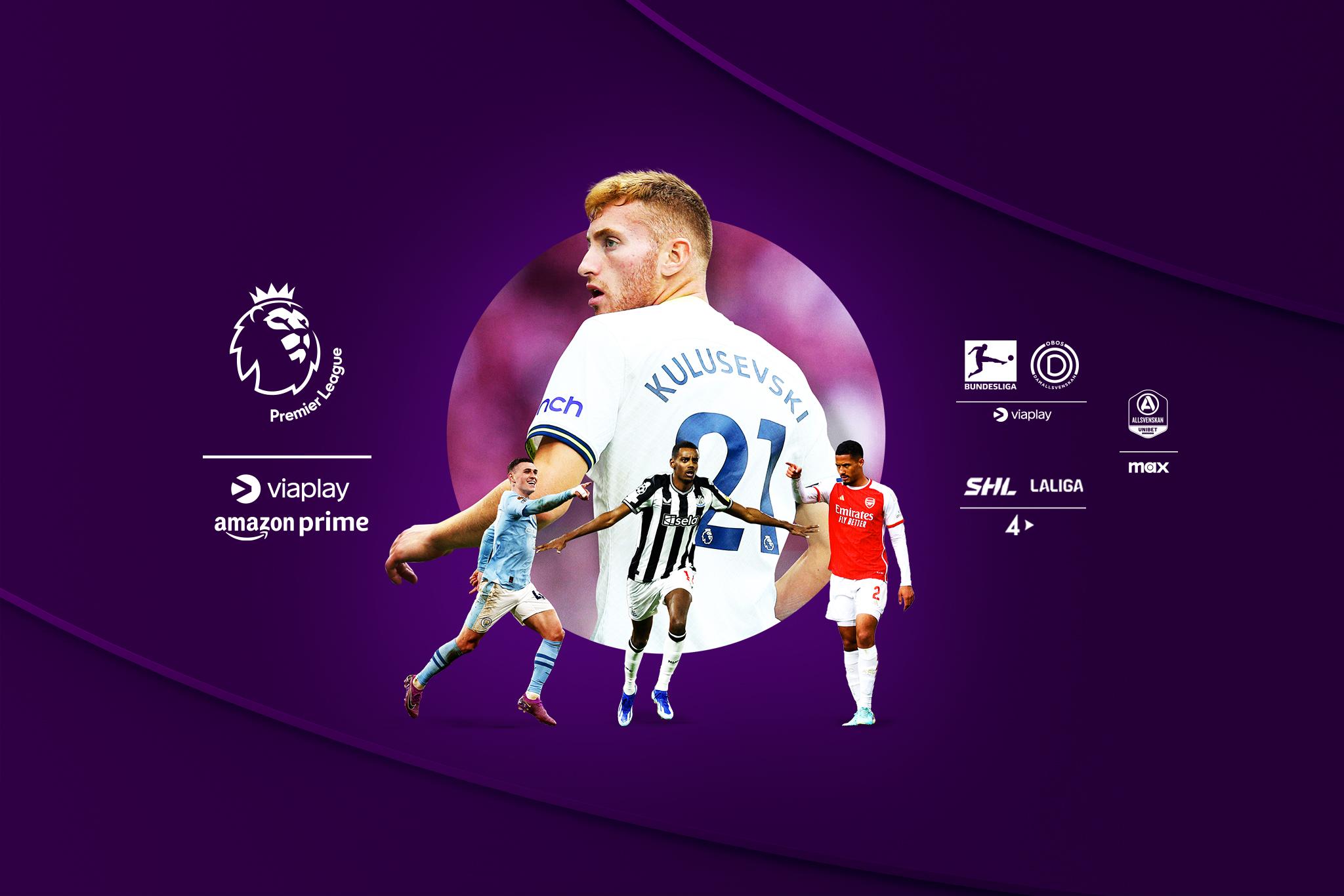 Collage för Premier League säsongen 2024/2025 - med Telia följer du alla matcher i ligan som delas mellan Viaplay och Amazon Prime.