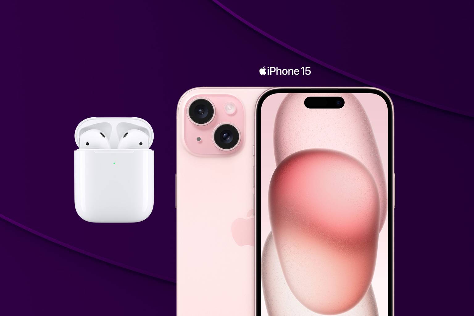 Airpods 2 gen med en iPhone 15 i färgen rosa bredvid. 