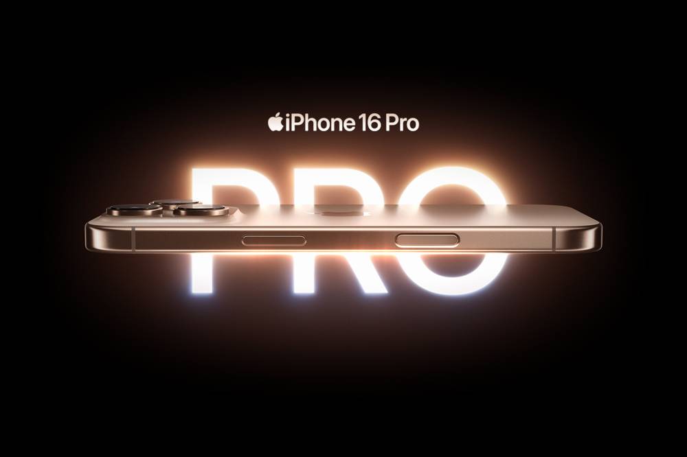 iPhone 16 Pro liggandes på svart bakgrund med texten PRO bakom och iPhone 16 Pro ovanför.