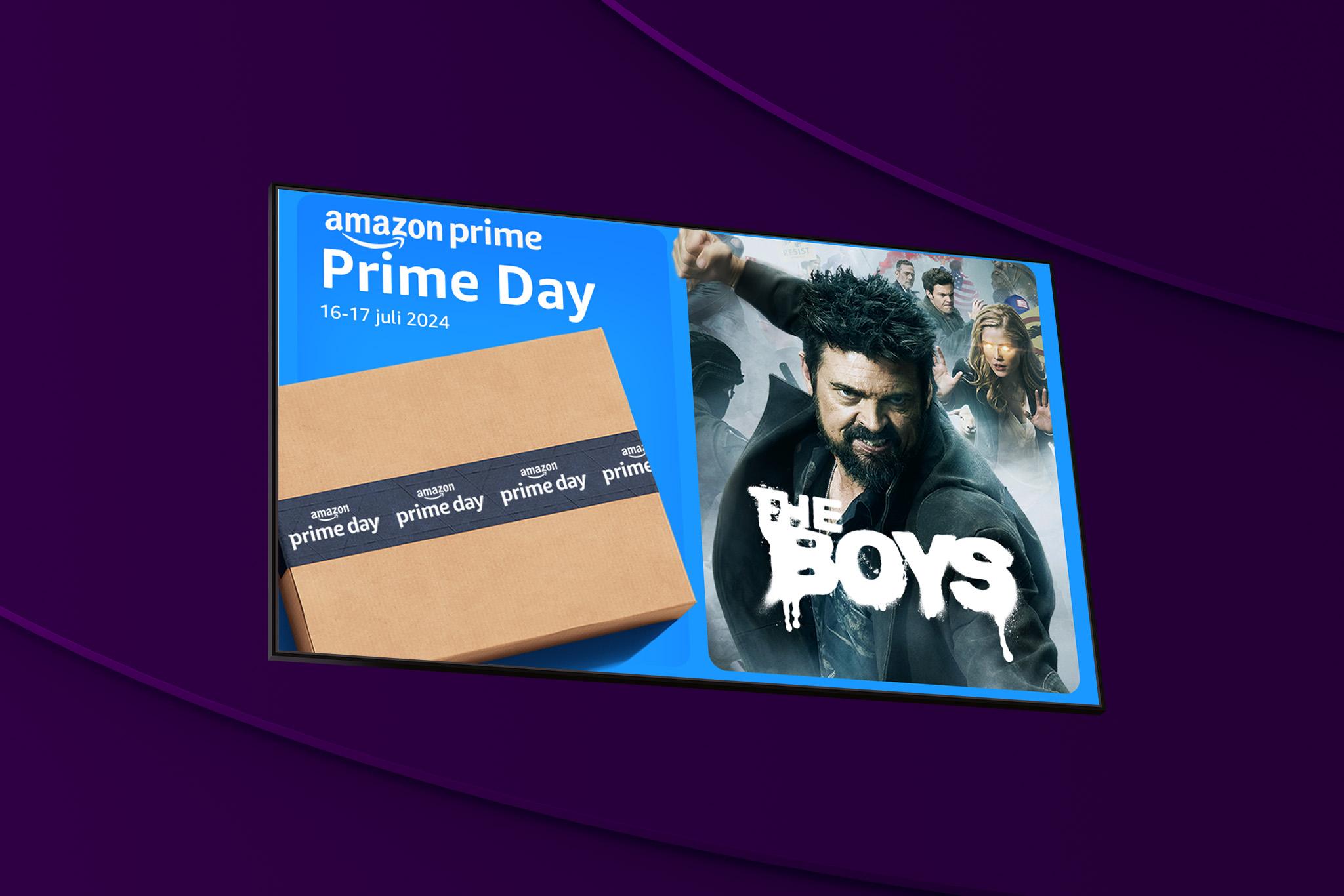 Amazon Prime Day infaller i år den 16-17 juli. Utnyttja alla fördelar med ett medlemskap som du får med Amazon Prime. Bilden visar ett collage med paket och bild från serien The Boys. 