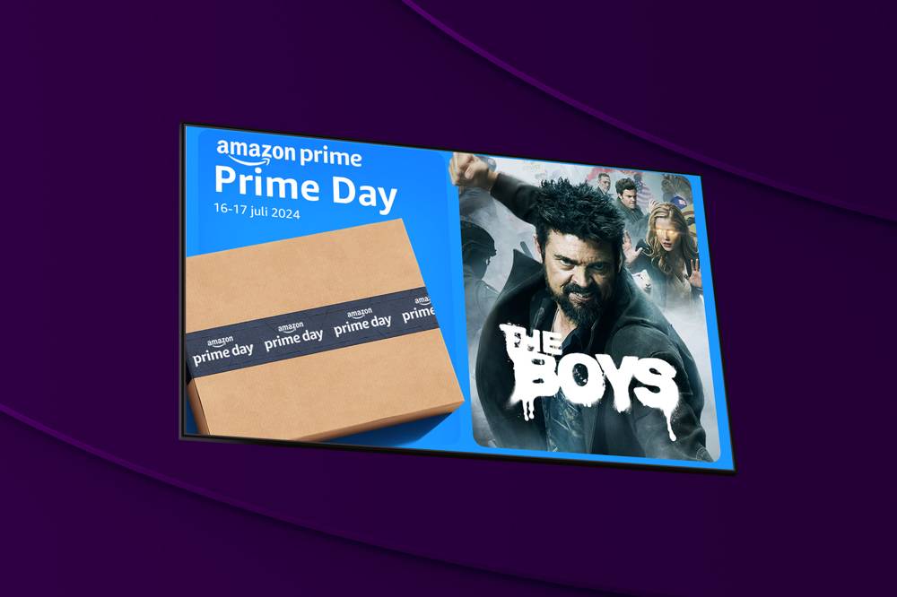 Amazon Prime Day infaller i år den 16-17 juli. Utnyttja alla fördelar med ett medlemskap som du får med Amazon Prime. Bilden visar ett collage med paket och bild från serien The Boys. 