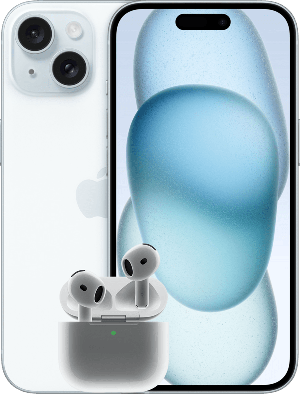 iPhone 15 i färgen blå med hörlurarna AirPods 4