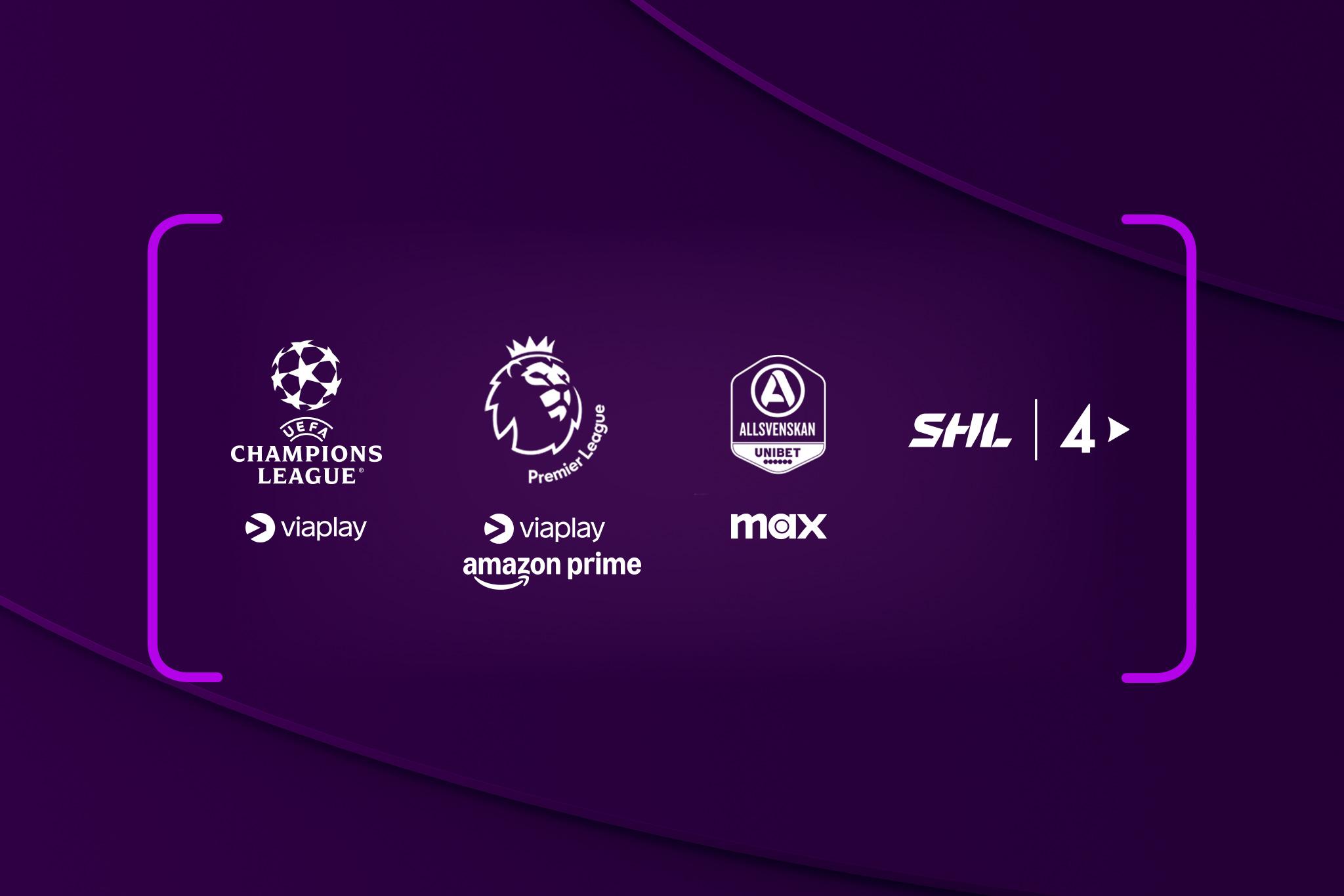 Collage med loggor från populära ligor; UEFA Champions League, Premier League, Allsvenskan och SHL. Samla sporten med Telia. 