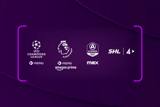 Collage med loggor från populära ligor; UEFA Champions League, Premier League, Allsvenskan och SHL. Samla sporten med Telia. 