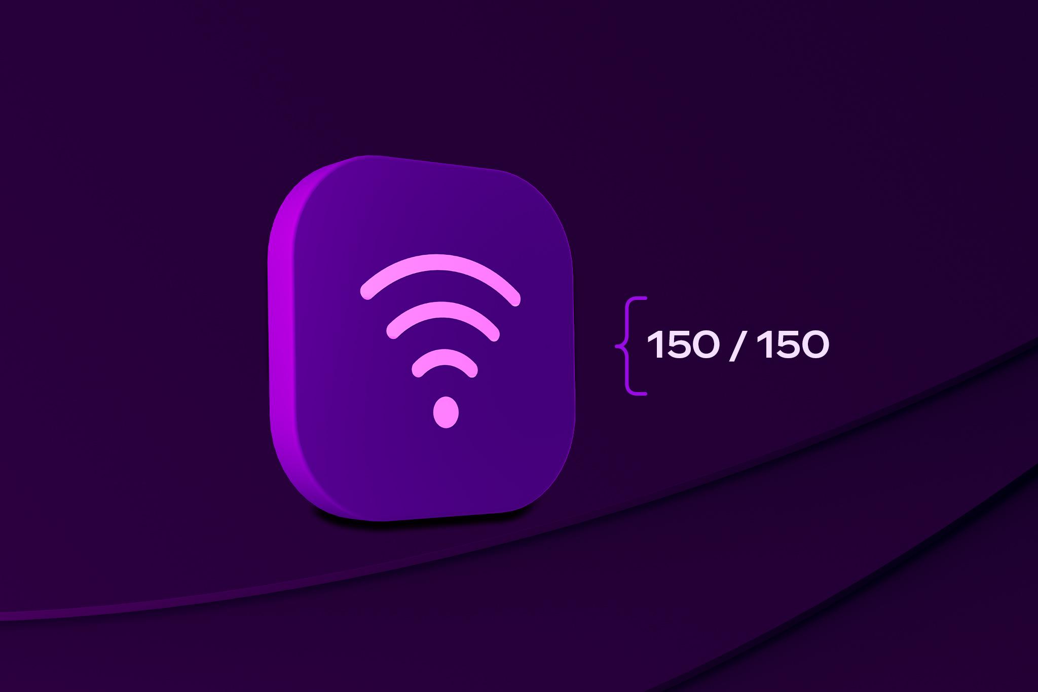 Wifi-symbol som symboliserar vårt bredband via fiber, med texten "150 / 150" som är hastigheten på bredbandet.