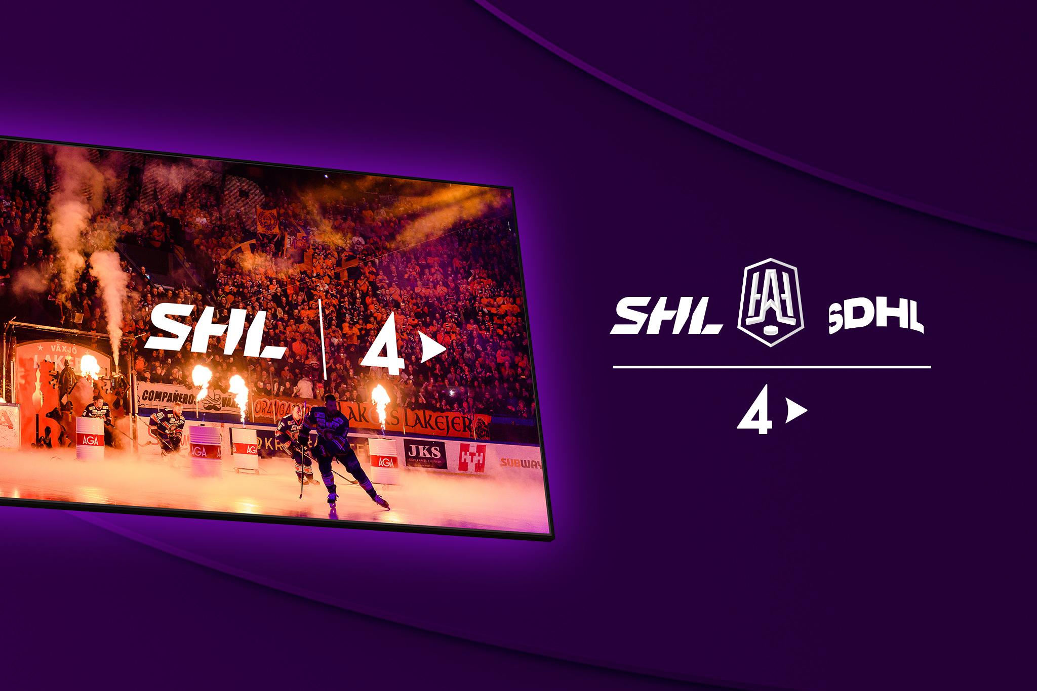 Skärm med hockeymatch i bakgrunden, i förgrunden loggor med SHL, HockeyAllsvenskan och SDHL samt TV4 Play. Dessa hockeyligor följer du med våra sportpaket.