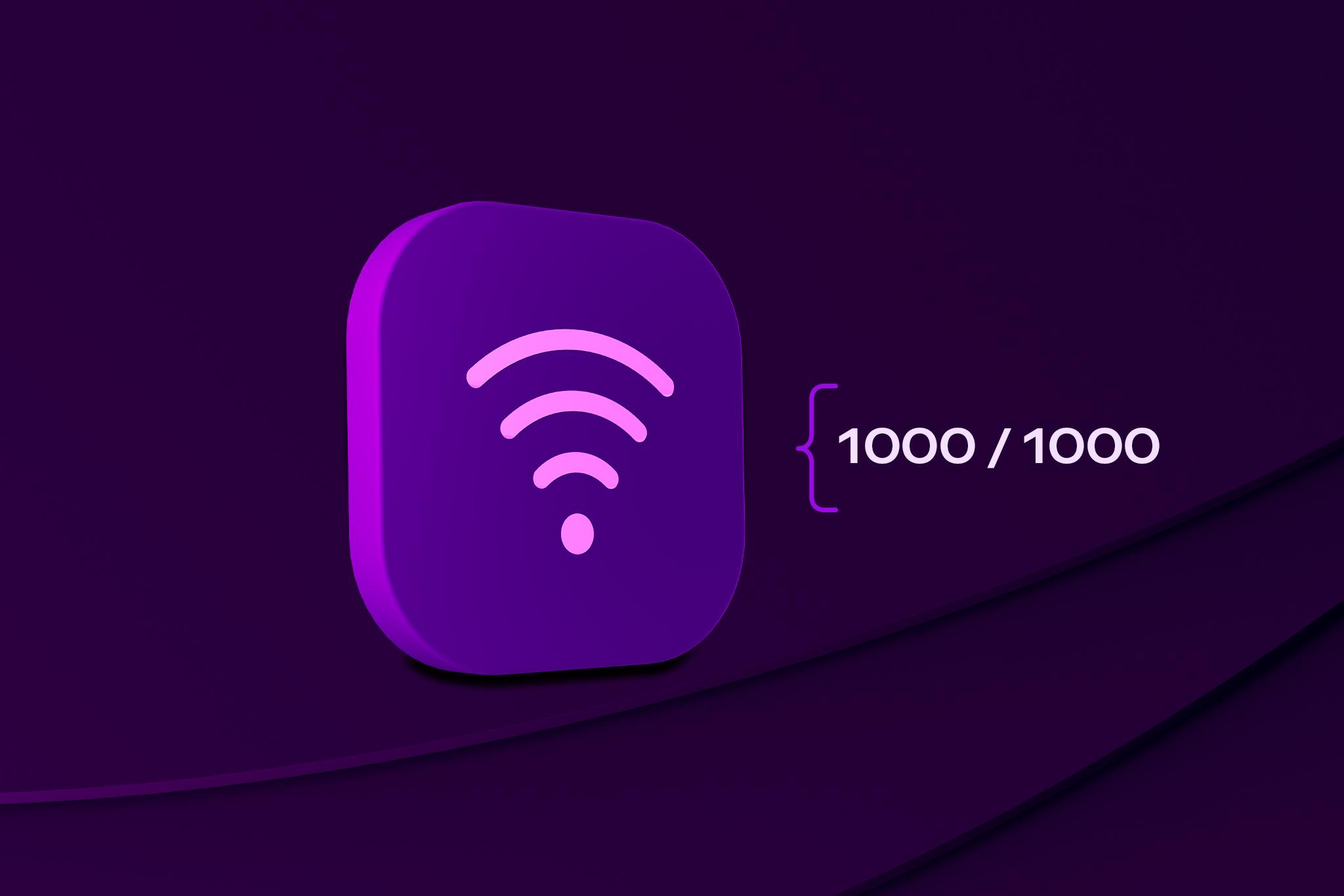 Wifi-symbol som symboliserar vårt bredband via fiber, med texten "1000 / 1000" som är hastigheten på bredbandet.