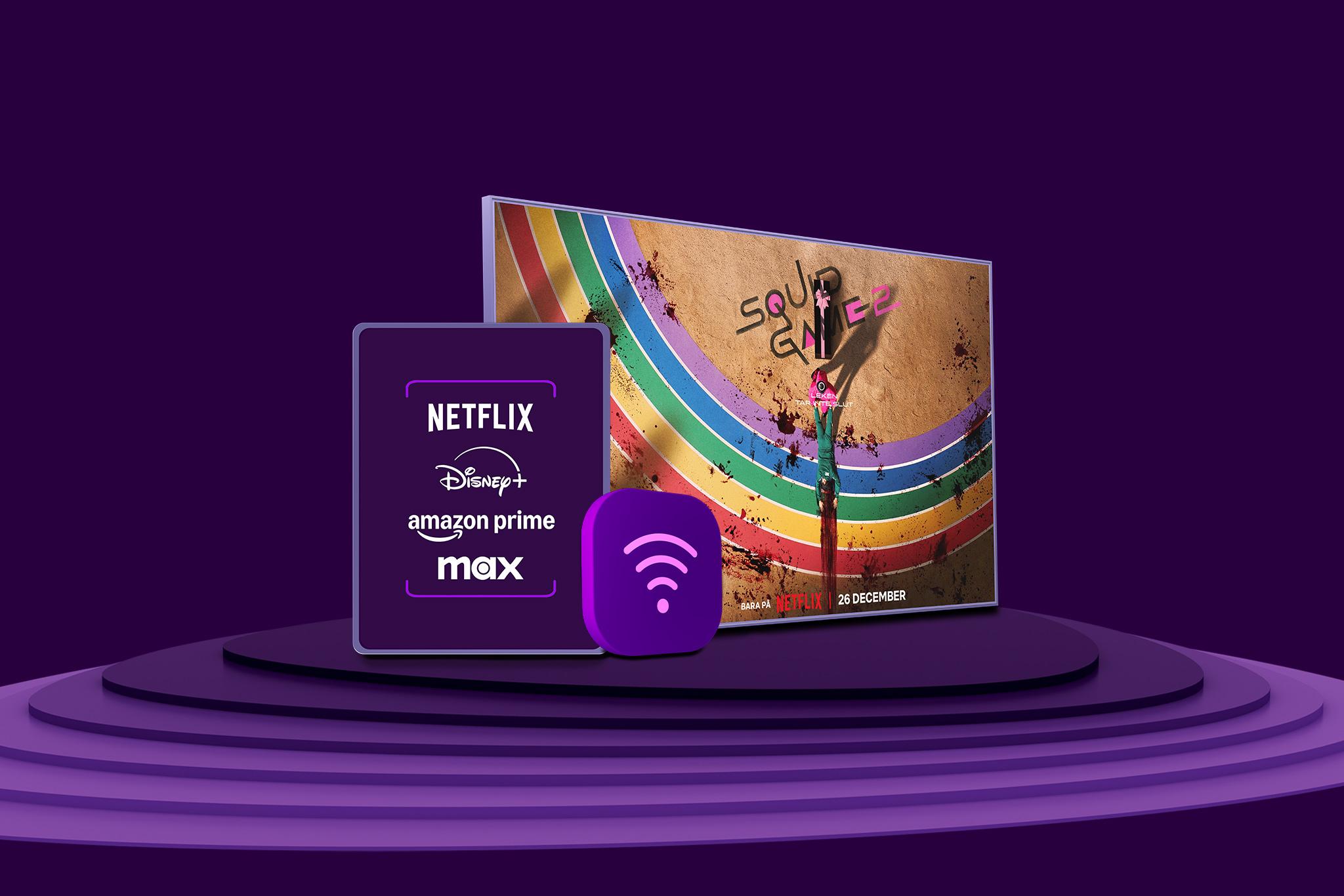 Visar skärmar med bland annat Netflix och Disney+ logotyp, samt wifi-symbol. 