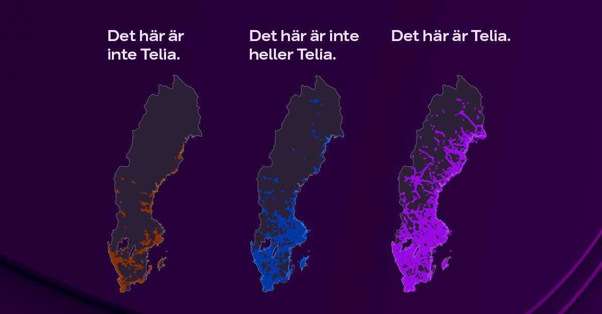 Tre olika täckningskartor som visar olika operatörers 5G-nätet i Sverige. Den första är inte Telia, den andra är inte heller Telia. Den tredje kartan är Telias 5G-nät som täcker betydligt större ytor än första och andra kartan.