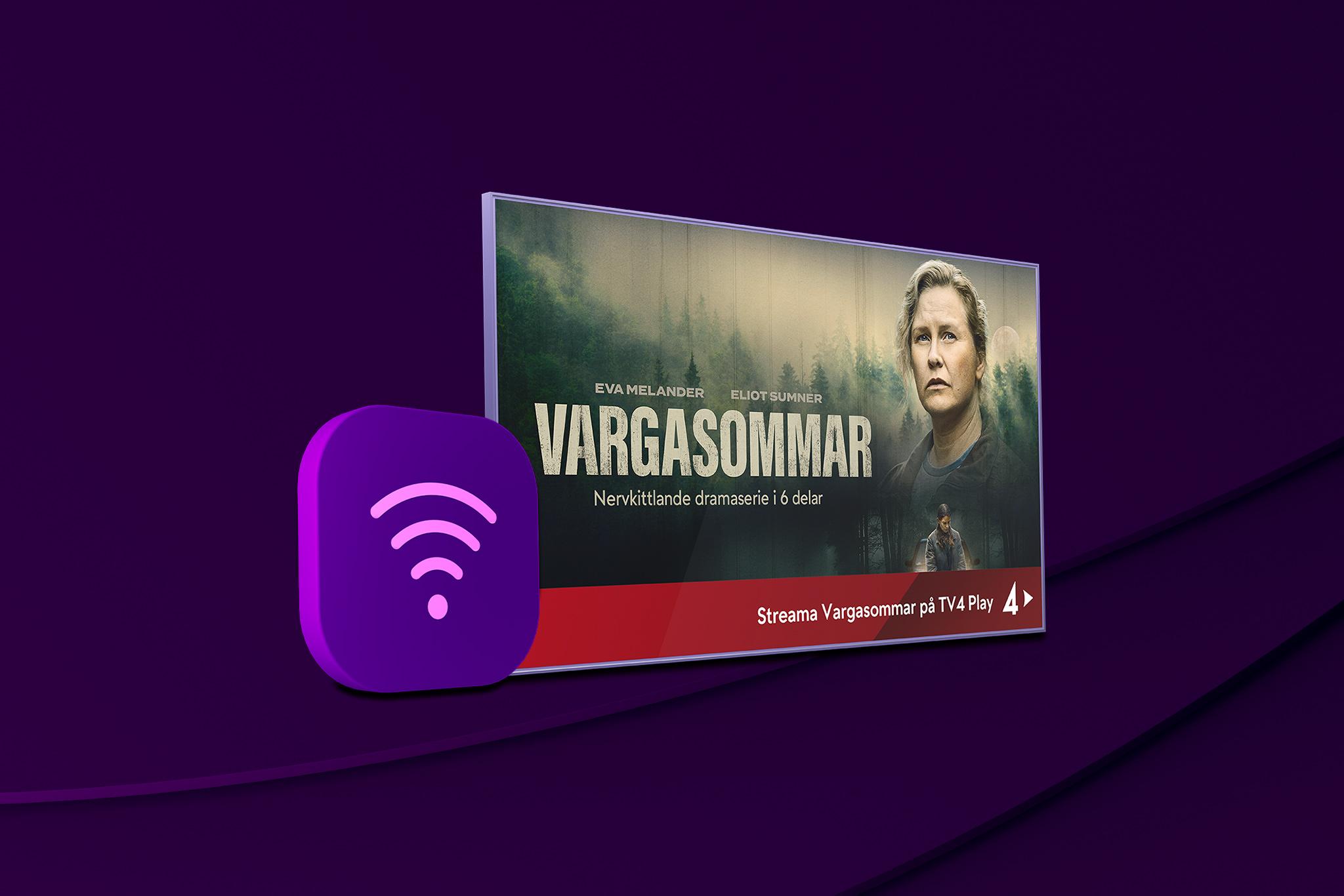 En wifi-symbol med en tv-skärm med innehåll från tv-serien Vargasommar som streamas på TV4 Play. Se serien med vårt tv-paket Tv Mini nu.