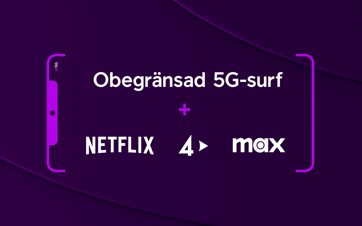 Netflix, TV4 Play och Max logotyper bredvid varandra med texten "Obegränsad 5G-surf +" ovanför.