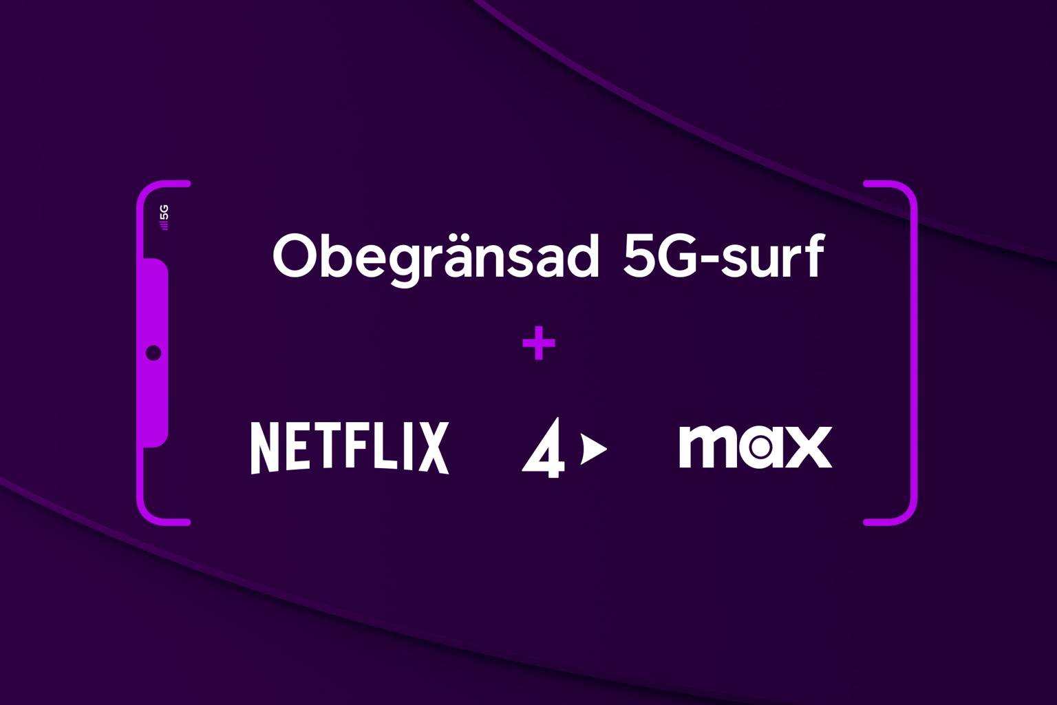 Netflix, TV4 Play och Max logotyper bredvid varandra med texten "Obegränsad 5G-surf +" ovanför.