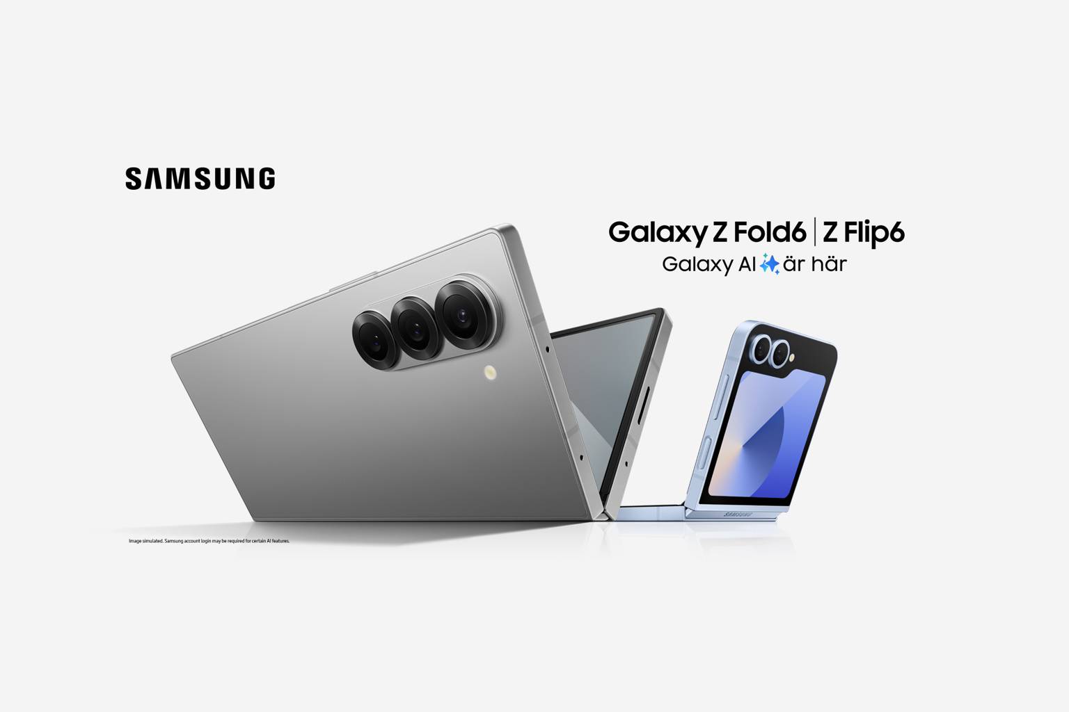 Vikbara mobilerna Samsung Galaxy Z Fold6 och Z Flip6 liggandes bredvid varandra.